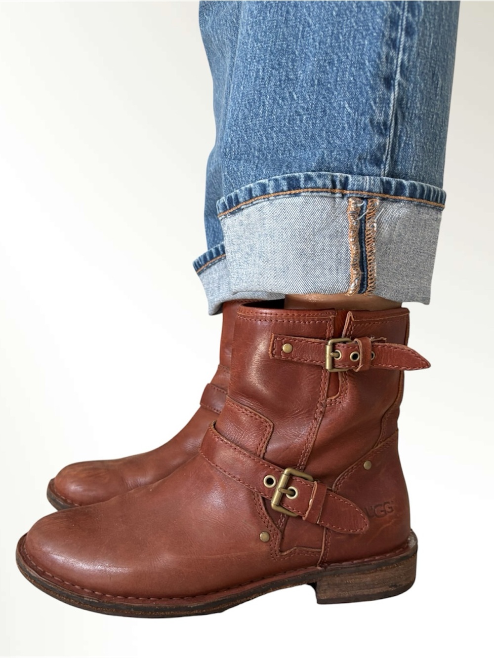 UGG Fabrizia Short Brown Leather Moto Boots Buckle